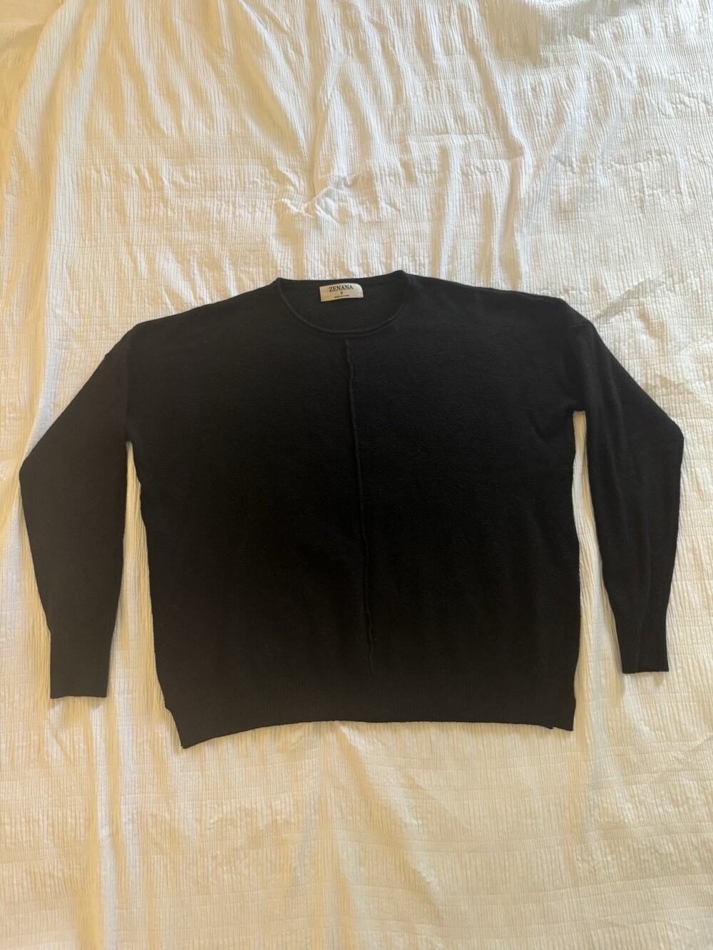 Zenana Black Front Seam Crewneck Sweater Relaxed Fit Knit Minimalist Old Money